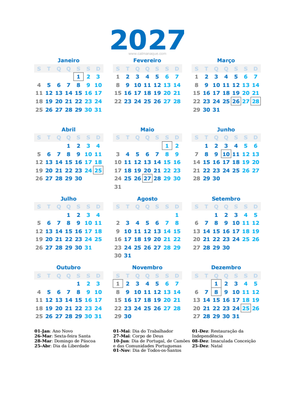 Calendario 2027 #40 — Portugal — Calmanaque