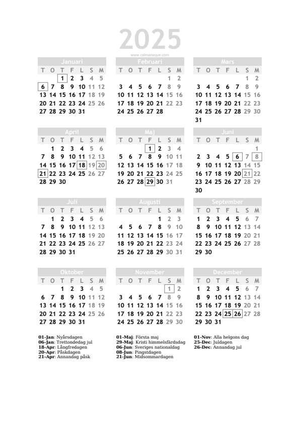 Calendario 2025 #20 — Sverige — Calmanaque