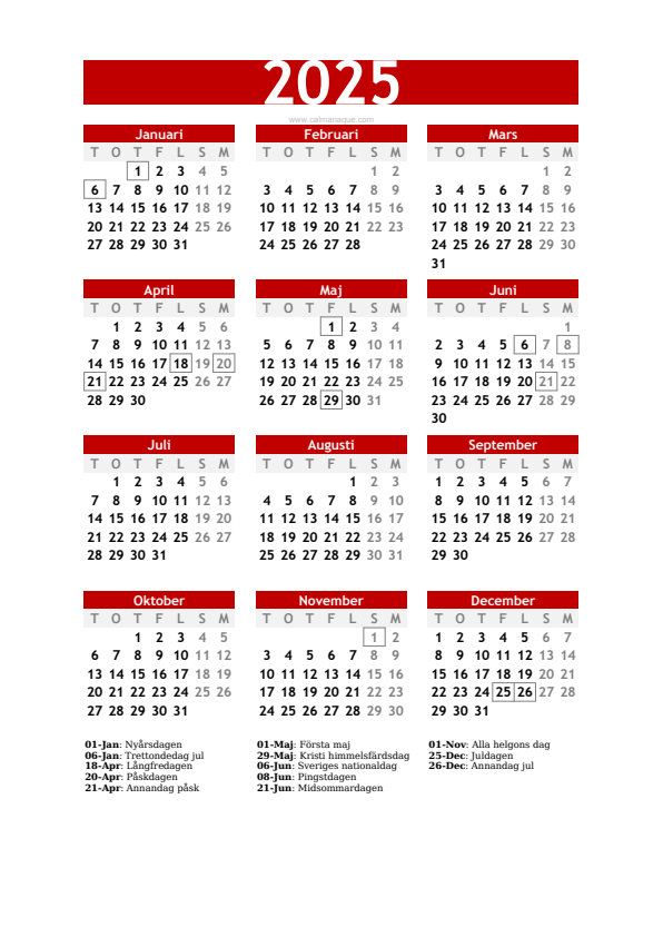 Calendario 2025 #30 — Sverige — Calmanaque