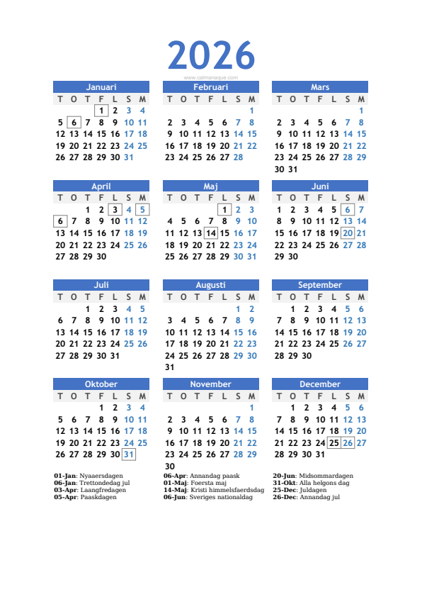 Calendario 2026 #10 — Sverige — Calmanaque