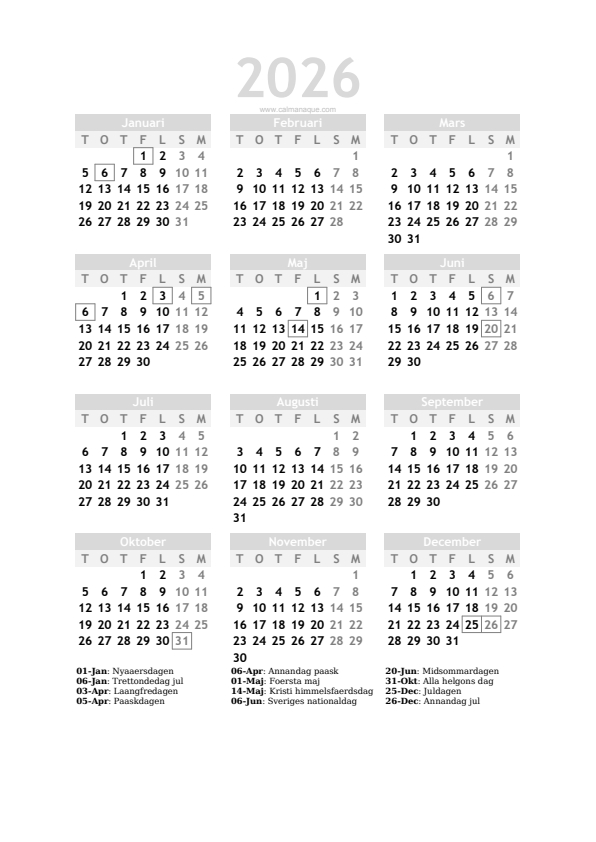 Calendario 2026 #20 — Sverige — Calmanaque