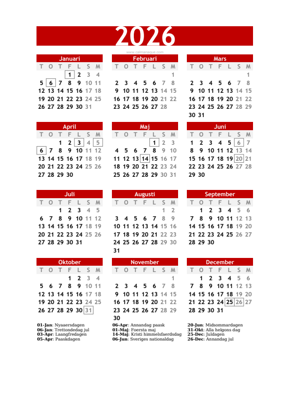Calendario 2026 #30 — Sverige — Calmanaque