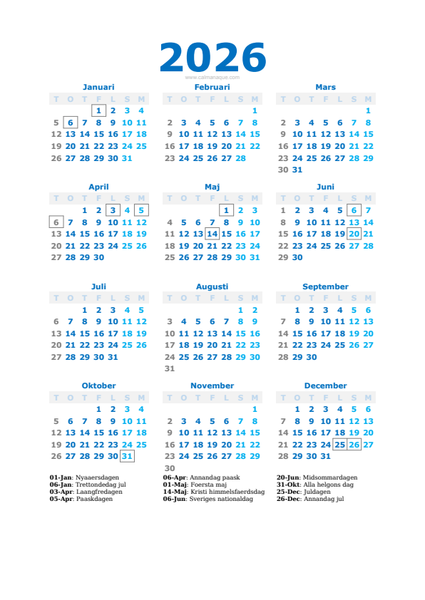 Calendario 2026 #40 — Sverige — Calmanaque