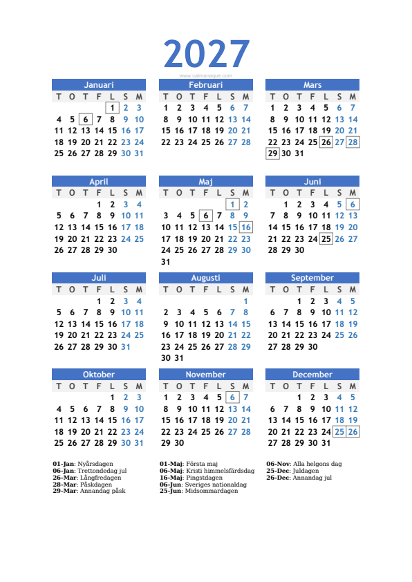 Calendario 2027 #10 — Sverige — Calmanaque