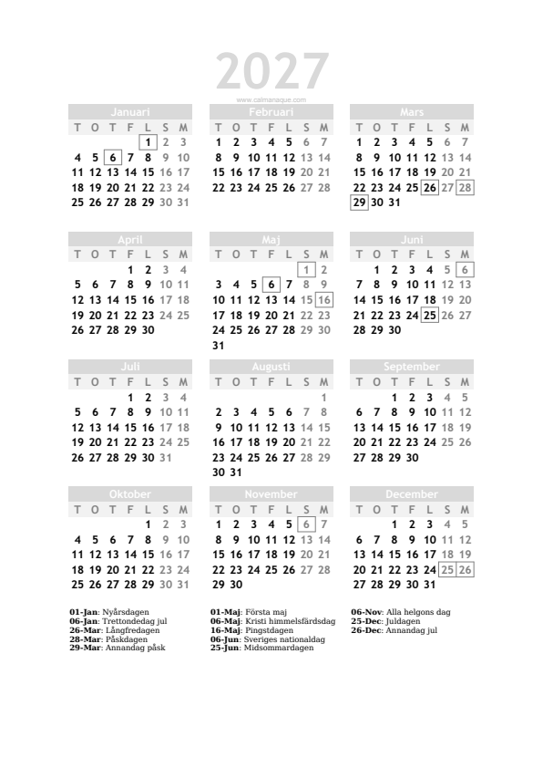 Calendario 2027 #20 — Sverige — Calmanaque