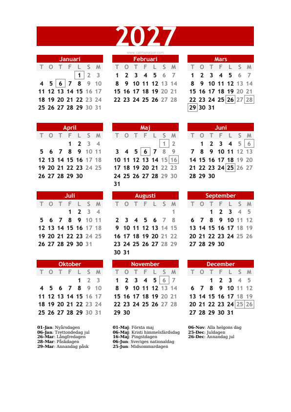 Calendario 2027 #30 — Sverige — Calmanaque
