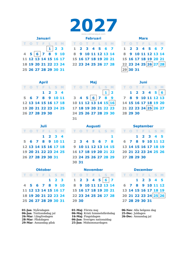 Calendario 2027 #40 — Sverige — Calmanaque