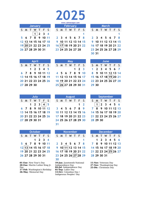 Calendario 2025 #10 — US — Calmanaque