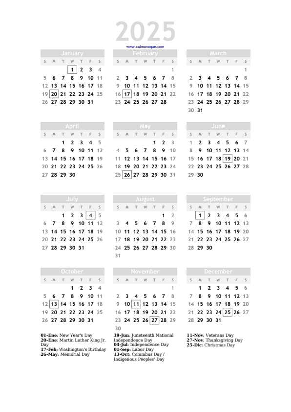 Calendario 2025 #20 — US — Calmanaque