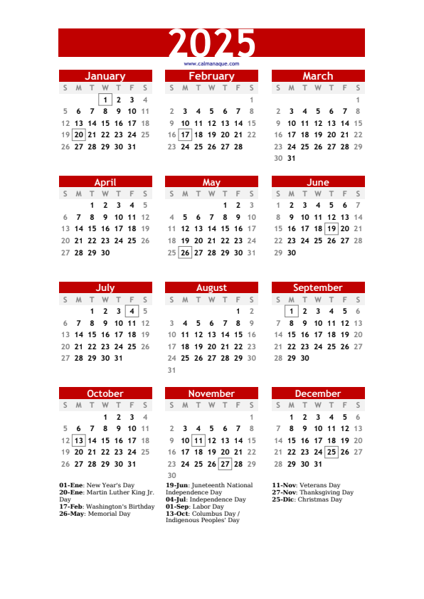 Calendario 2025 #30 — US — Calmanaque