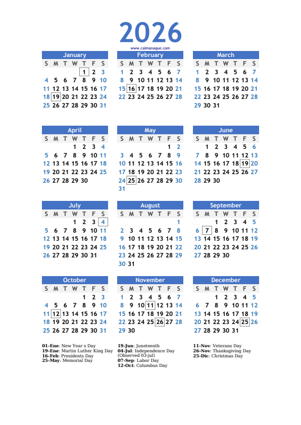 Calendario 2026 #10 — US — Calmanaque