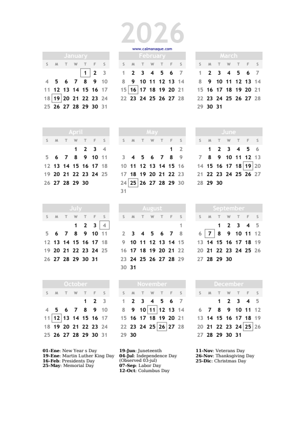 Calendario 2026 #20 — US — Calmanaque