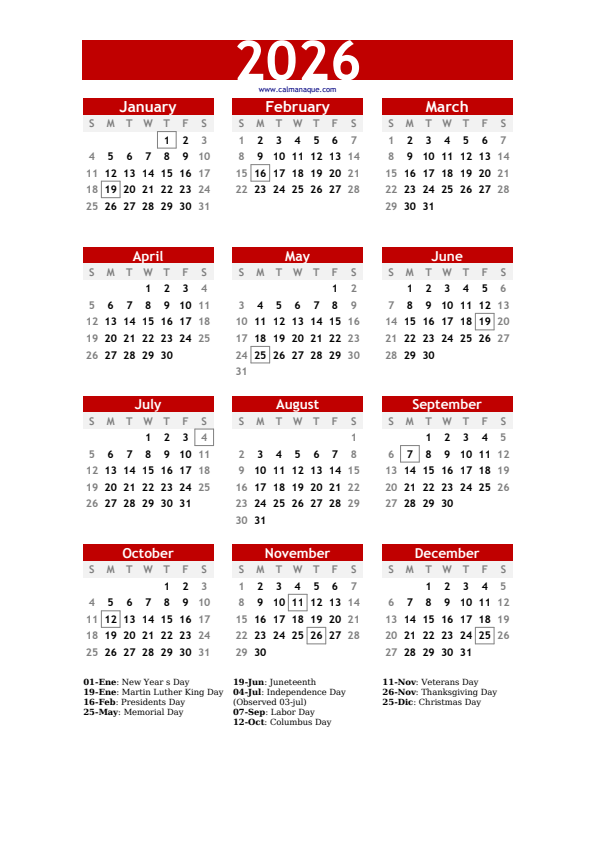 Calendario 2026 #30 — US — Calmanaque