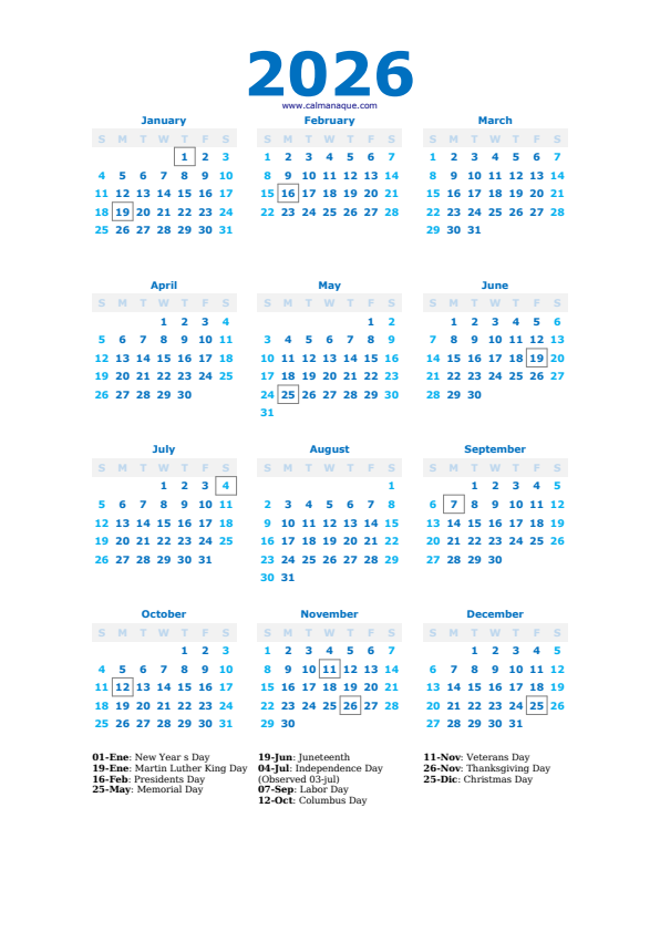 Calendario 2026 #40 — US — Calmanaque