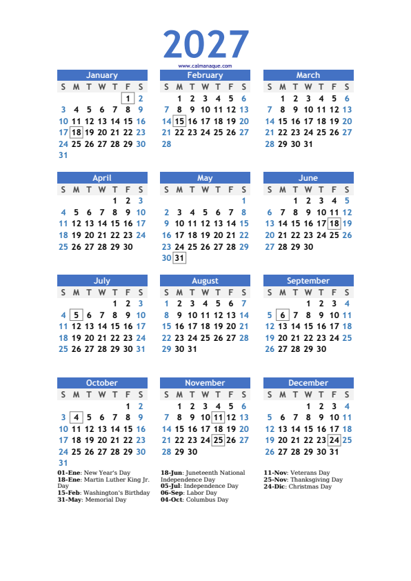 Calendario 2027 #10 — US — Calmanaque