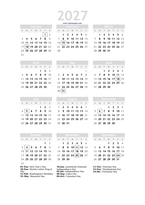 Calendario 2027 #20 — US — Calmanaque