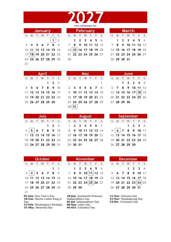 Calendario 2027 #30 — US — Calmanaque