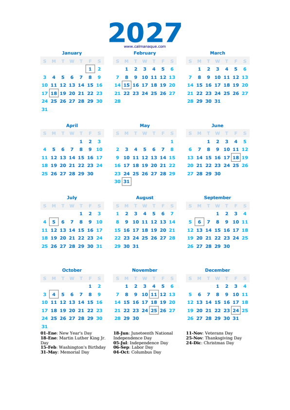 Calendario 2027 #40 — US — Calmanaque