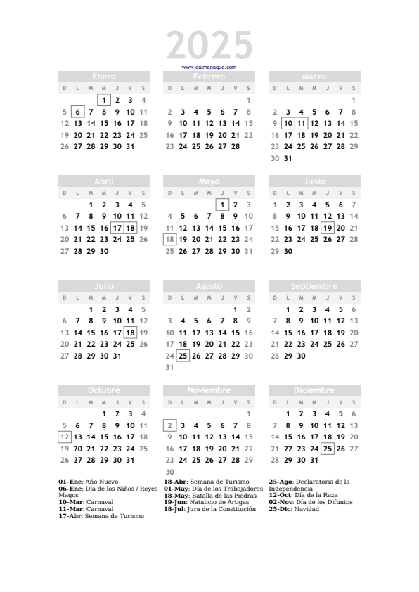 Calendario 2025 #20 — Uruguay — Calmanaque