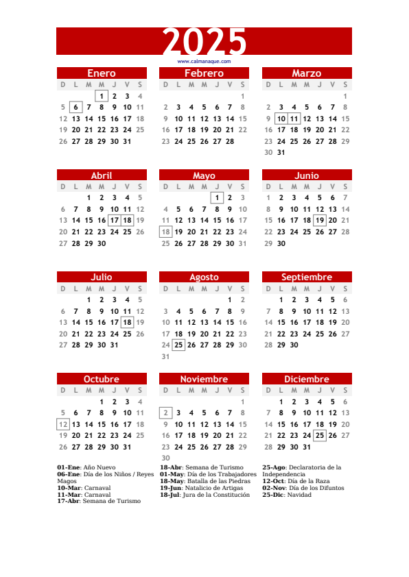 Calendario 2025 #30 — Uruguay — Calmanaque