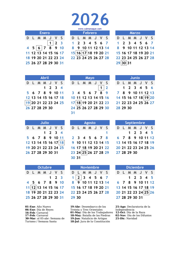 Calendario 2026 #10 — Uruguay — Calmanaque