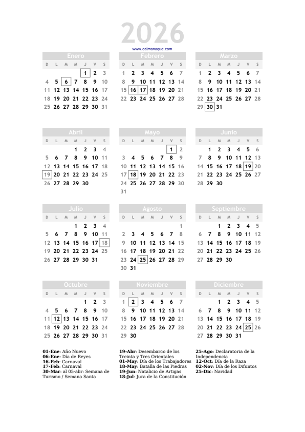 Calendario 2026 #20 — Uruguay — Calmanaque