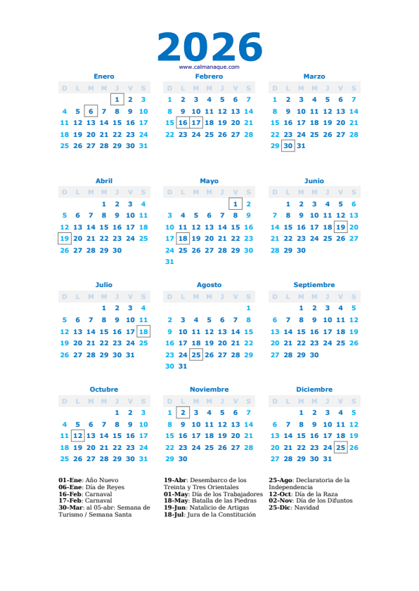 Calendario 2026 #40 — Uruguay — Calmanaque