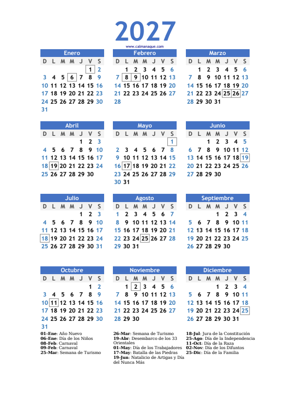 Calendario 2027 #10 — Uruguay — Calmanaque