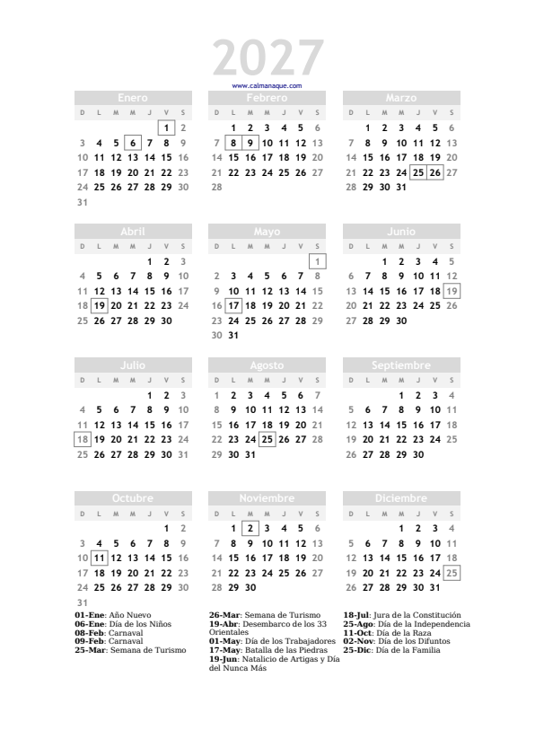 Calendario 2027 #20 — Uruguay — Calmanaque