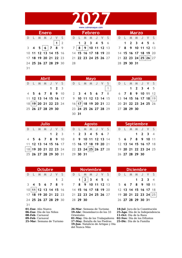 Calendario 2027 #30 — Uruguay — Calmanaque