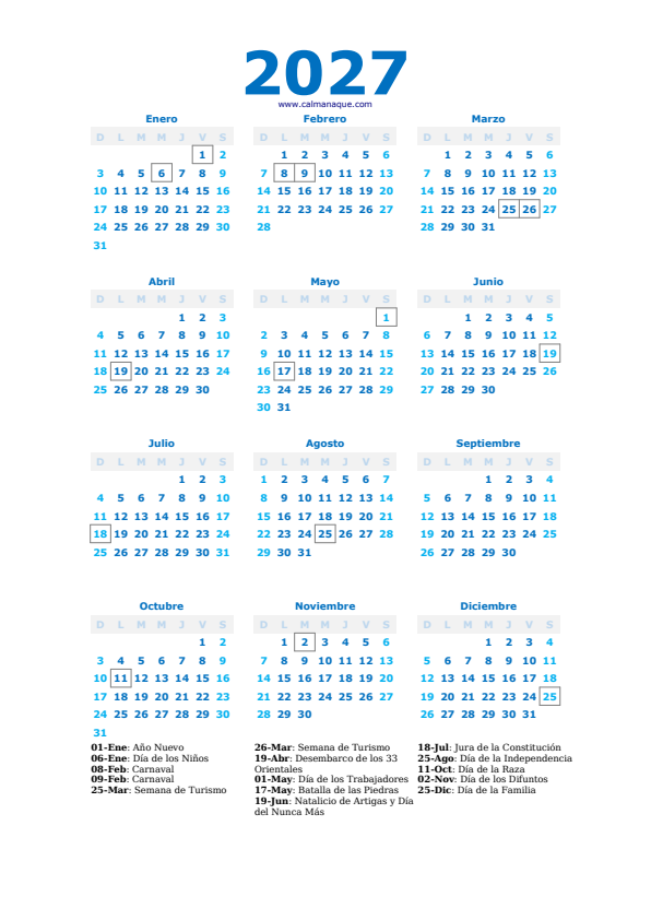 Calendario 2027 #40 — Uruguay — Calmanaque